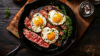 Freshly Seared Steak Paired with Crispy Fried Eggs Garnished with Thyme on a Wooden Board