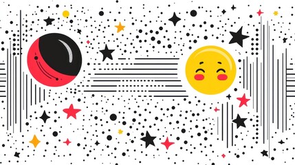 Fototapeta premium Cute cartoon sun and moon in space with stars and dots.