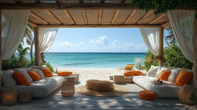 Cozy beach cabana with comfortable seating under bright sun at a sunny beach with calm waves and lush greenery for relaxation and leisure. Summer background concept.
