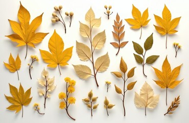 Beautiful collection of pressed dried yellow leaves, flowers. Perfect for scrapbooking, card making, craft projects. Autumn fall leaf maple oak flora design element detail closeup assortment isolated