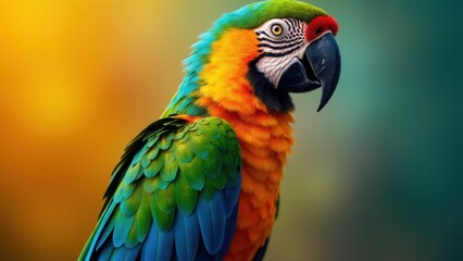 Fototapeta premium A colorful conure with vibrant green, blue, and orange feathers, and a striking black beak.