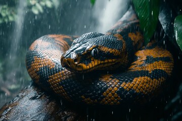 Python resting on a branch in the Amazon rainforest during a downpour