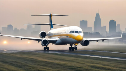 Naklejka premium Large Commercial Airplane Landing on Runway with City Skyline in the Background – Aviation Photography | Airplane Landing on Runway with City Skyline in Background.