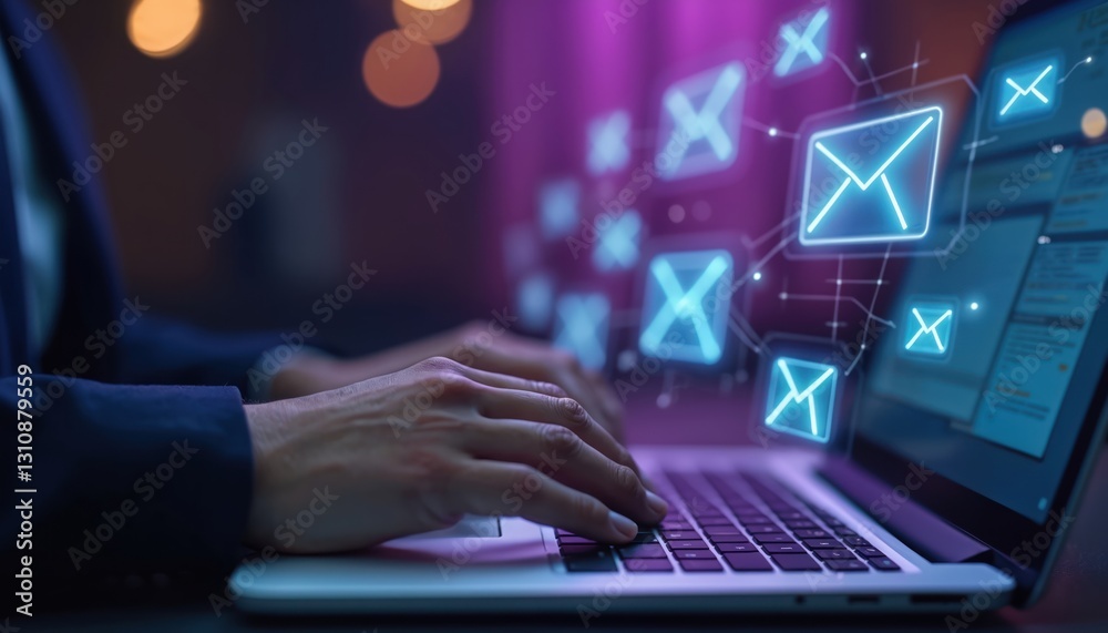 Poster email marketing concept. person types on laptop keyboard. digital newsletter, blue neon envelope ico