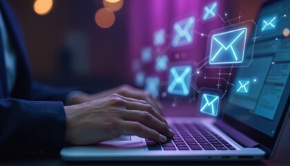 Email marketing concept. Person types on laptop keyboard. Digital newsletter, blue neon envelope icons on screen, cyberspace communication. Remote online work, digital promotion. Sending emails to