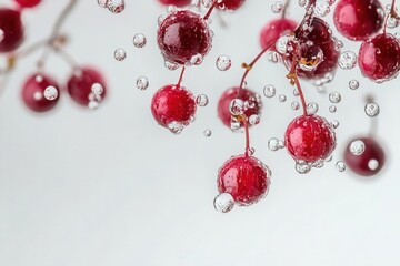 Fototapeta premium glistening ruby-red cranberries suspended in mid-air against pristine white background, water droplets catching light, creating crystalline reflections as berries appear to float weightlessly