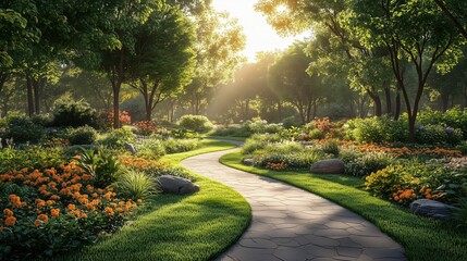 Lush green pathway through vibrant garden bathed in bright sunlight surrounded by beautiful flowers and rich foliage in a serene park. Morning atmosphere background concept.