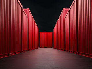 Fototapeta premium Red shipping containers lined up in dark environment create striking visual. scene evokes sense of depth and perspective, highlighting industrial setting