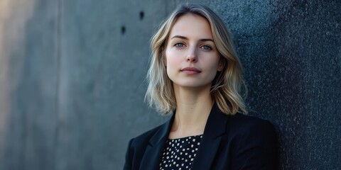 Fototapeta premium Confident Young Woman in Business Attire Against a Modern Background