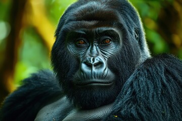 Obraz premium Majestic Mountain Gorilla Portrait Captured in Vibrant Natural Habitat in the Wild Rainforest