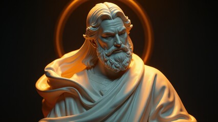 A deity statue with a halo, draped in flowing robes, illuminated by warm light.