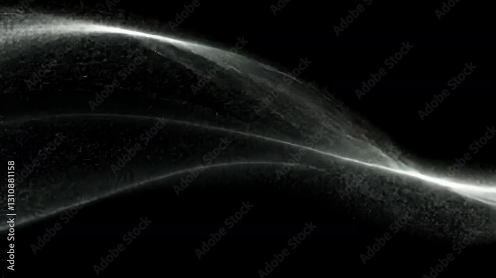 Poster white particles creating fluid, graceful waves cascading dynamically across dark background with mes