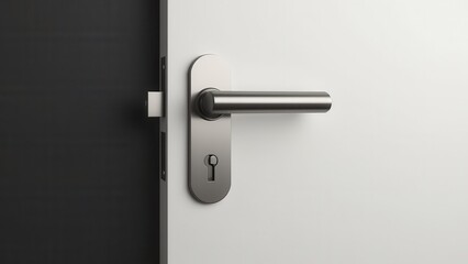 A modern door push mechanism with a sleek metallic handle and keyhole on a partially open door.