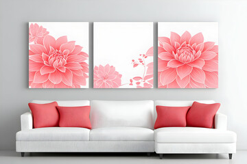 Pink Dahlia Triptych Illustration White Background Modern Canvas Wall