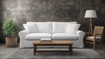 Fototapeta premium Cozy Living Room with White Sofa, Wooden Table, and Green Plant