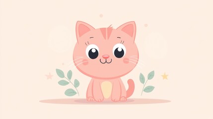 Cute pink cartoon cat sitting on a soft pale surface background