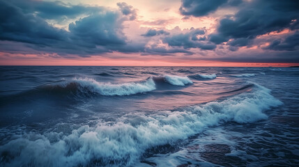 Fototapeta premium Coastal seascape, rolling waves, and dusk create serene scene, captivating with sunset, reflecting beauty and tranquility