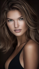 Obraz premium Woman with long brown hair and a black tank top. She has a green eye and a smile on her face