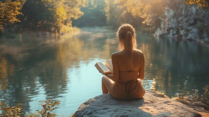 Young woman reading a book sitting on a rock by the river at sunset