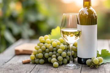 Glass and bottle of white wine standing on wooden table with bunch of grapes in vineyard during sunset