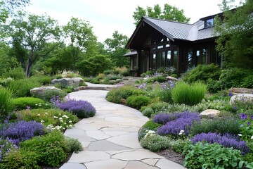 Fototapeta premium Winding flagstone path leading to contemporary house with beautiful landscaping