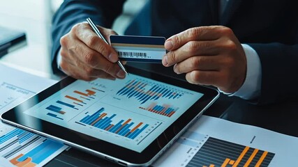 Businessman analyzing financial data with tablet and credit card for strategic planning - Powered by Adobe