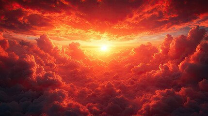 Dramatic sunset sky filled with billowing clouds illuminated in vibrant shades of orange,