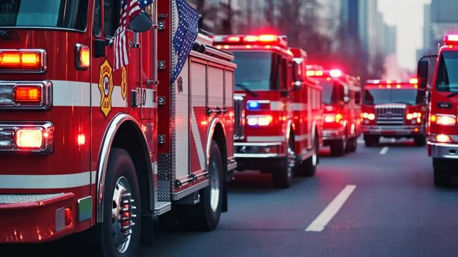 A Convoy of Fire Trucks Rolling Through City Streets