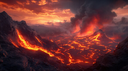breathtaking view of active volcano with flowing lava, fiery skies, and smoke billowing into atmosphere, showcasing raw power of nature