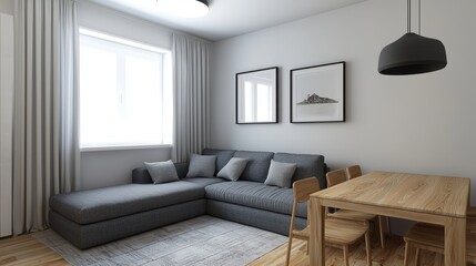 Fototapeta premium Modern Living Room with Stylish Sofa and Elegant Dining Area