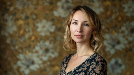Naklejka premium Elegant Portrait of a Woman with Floral Background in Soft Natural Light