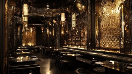 Artistic restaurant interior with a mirrored feature wall adding depth and uniqueness.