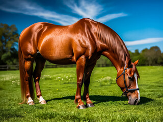 Obraz premium Single brown horse grazing in the green pasture