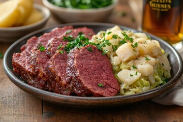 Sliced corned beef with cabbage and potatoes garnished with parsley on a plate