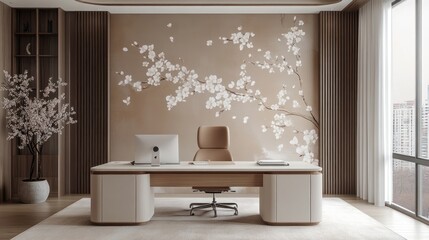 Modern office, floral wall, city view, desk, calm