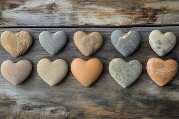 heart-shaped river stones arranged in gentle formation on weathered wooden planks, creating a natural zen-like composition with warm earthy tones