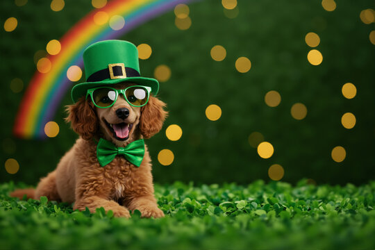 Happy poddle dog in leprechaun costume with green hat, glasses and bow tie sitting on lawn with rainbow and bokeh lights in background. Saint Patrick's day horizontal banner