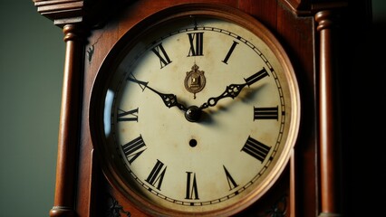 An old grandfather clock with Roman numerals and ornate hands.