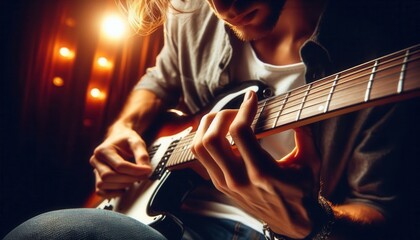 Fototapeta premium Guitar playing performance intimate venue music photography mood lighting close-up view passion