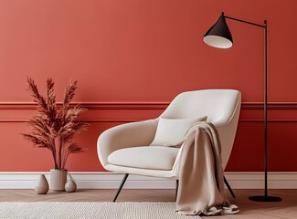 
Beige armchair with a blanket in the cozy interior of a modern living room, featuring a terracotta wall, a floor lamp, and elegant personal accessories. The minimalistic design of the beige velvet ch