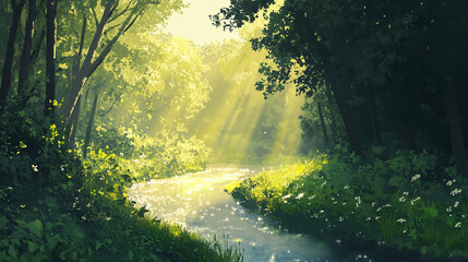 Obraz premium scenic hiking trail through a dense forest, with sunlight filtering through the trees and a clear path