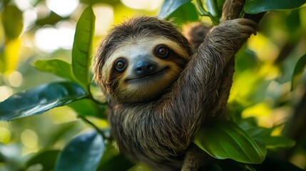 Naklejka premium Smiling sloth hanging on a tree branch in rainforest