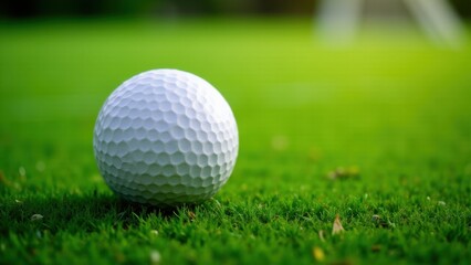 Obraz premium A close-up of a white golf ball resting on vibrant green grass.