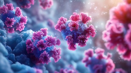 Microscopic view of a virus with a spherical structure and spike-like projections,