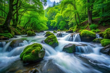 Turbulent river rapids rush past dark rocks, vibrant green foliage framing the scene.