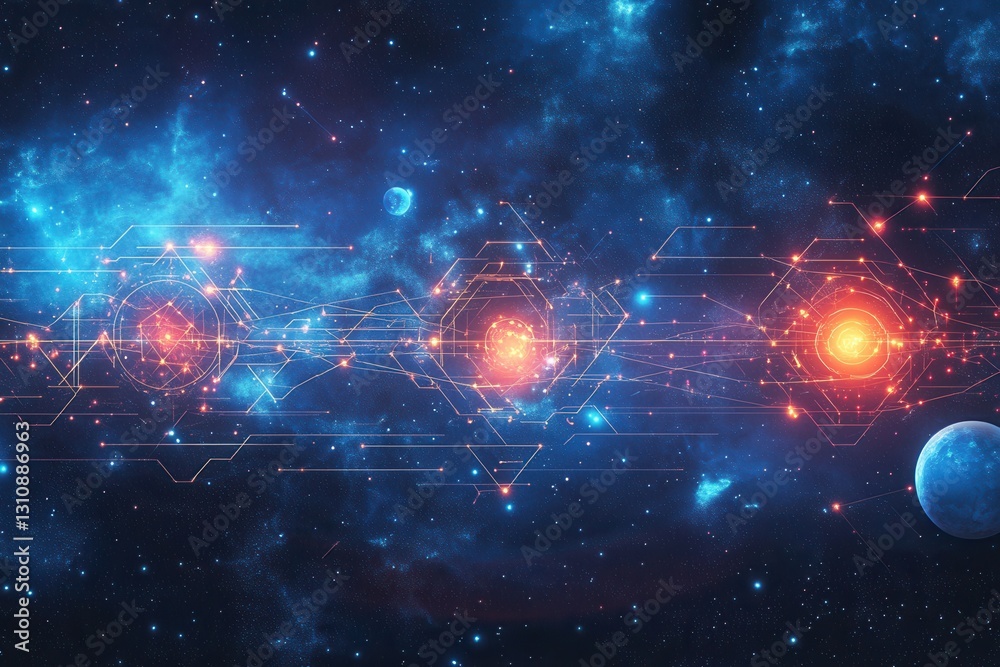 Poster dreamy cosmic landscape with glowing symbols and interconnected planets set in a deep blue nebula