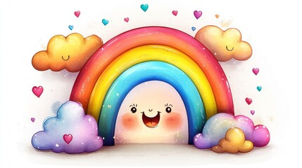 Obraz premium Cute rainbow with happy clouds and hearts.