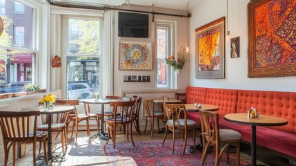 Boutique caf space with chic furniture, small round tables, and warm tones.