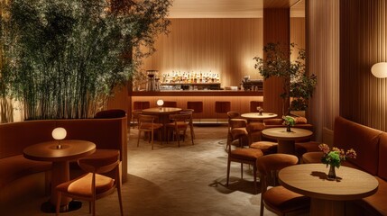 Boutique caf space with chic furniture, small round tables, and warm tones.