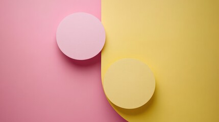 Two pastel colored, round, 3D podiums on a split background of pink and yellow.